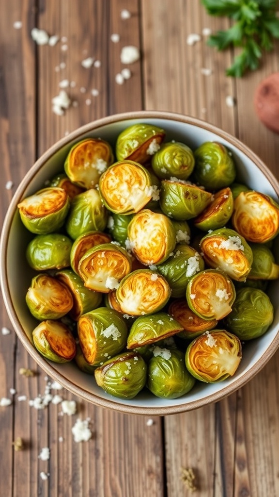 Crispy air-fried Brussels sprouts with Parmesan cheese in a bowl on a wooden table.